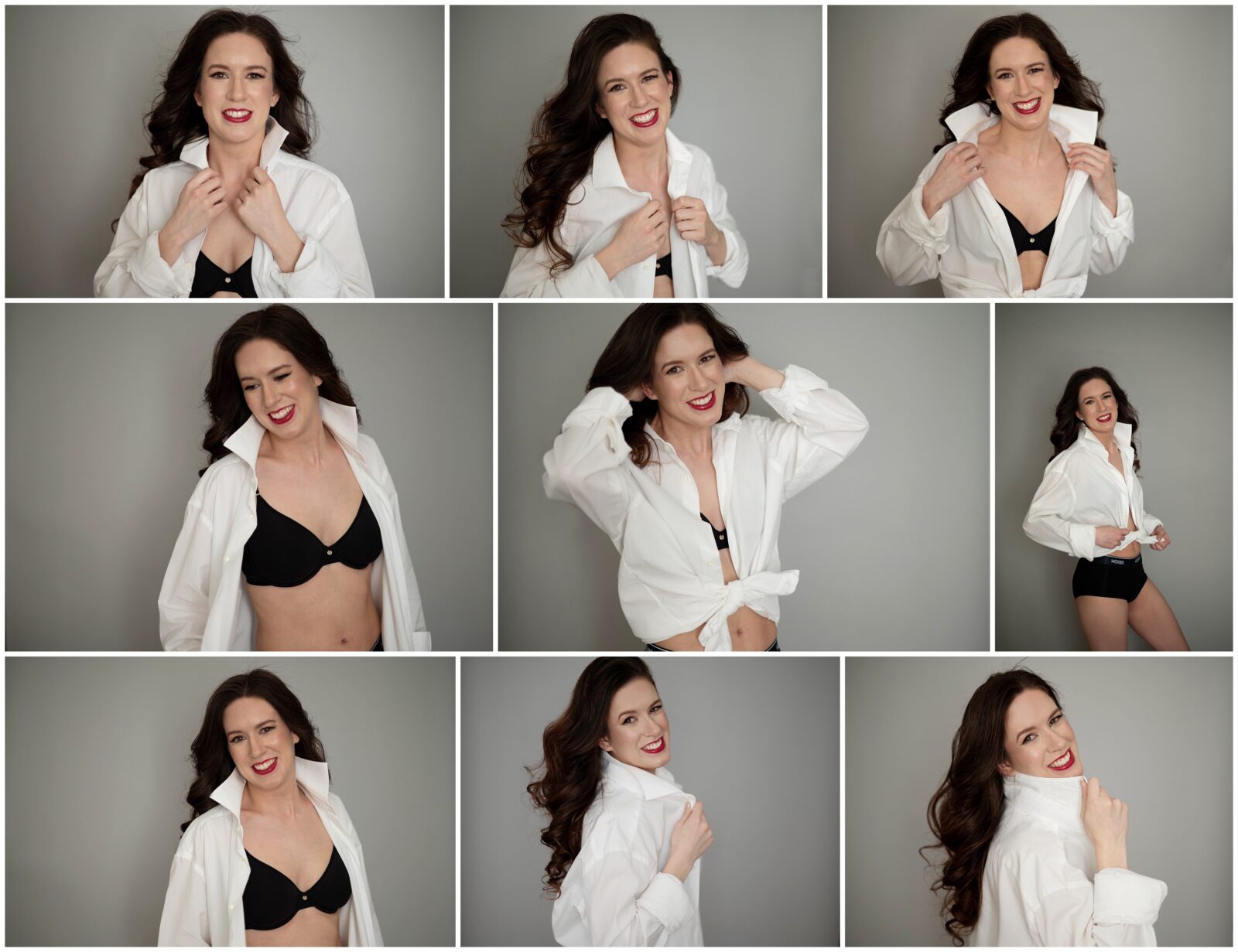 Sexy Simple Boudoir Session with Collage of images of a Woman in White Button Down Shirt and Black Bra